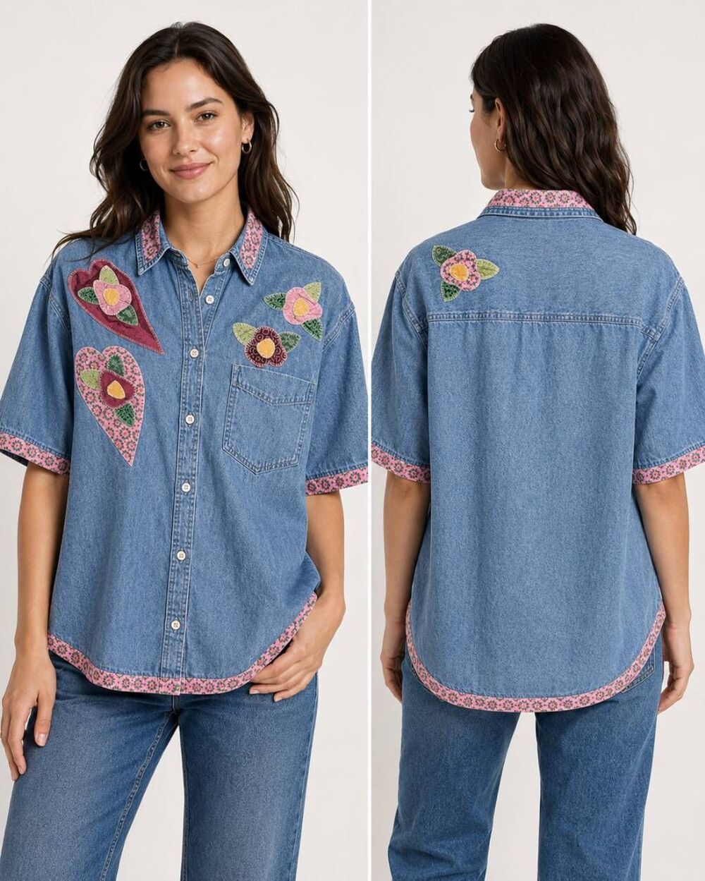 Vintage Old Navy Reworked Denim Shirt Floral Appliqué Hearts Cottagecore Medium